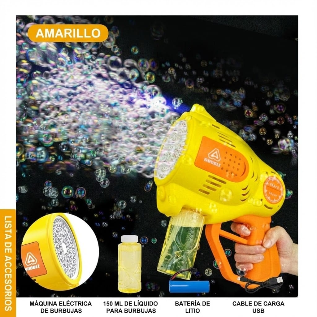 PISTOLA DE BURBUJAS RECARGABLE CON 57 AGUJEROS Y LUZ LED