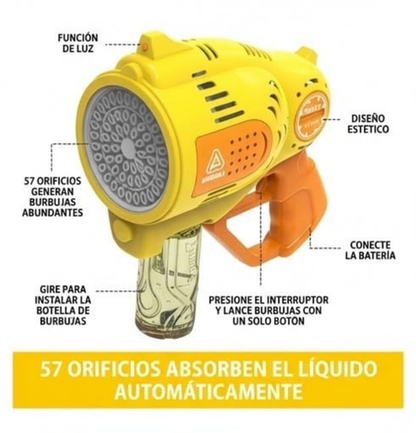 PISTOLA DE BURBUJAS RECARGABLE CON 57 AGUJEROS Y LUZ LED