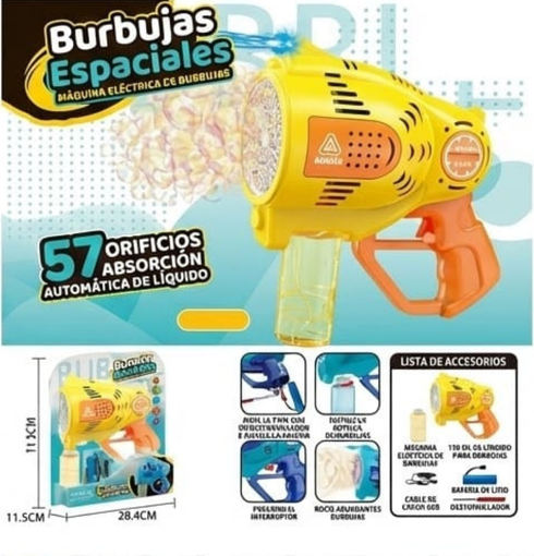 PISTOLA DE BURBUJAS RECARGABLE CON 57 AGUJEROS Y LUZ LED