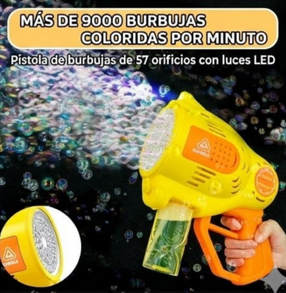 PISTOLA DE BURBUJAS RECARGABLE CON 57 AGUJEROS Y LUZ LED