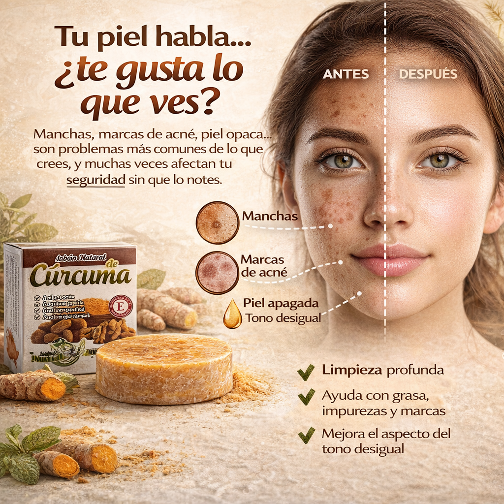 2X1 JABON NATURAL DE CURCUMA PARA PIEL CON MANCHAS, ACNE E INPERFECCIONES.