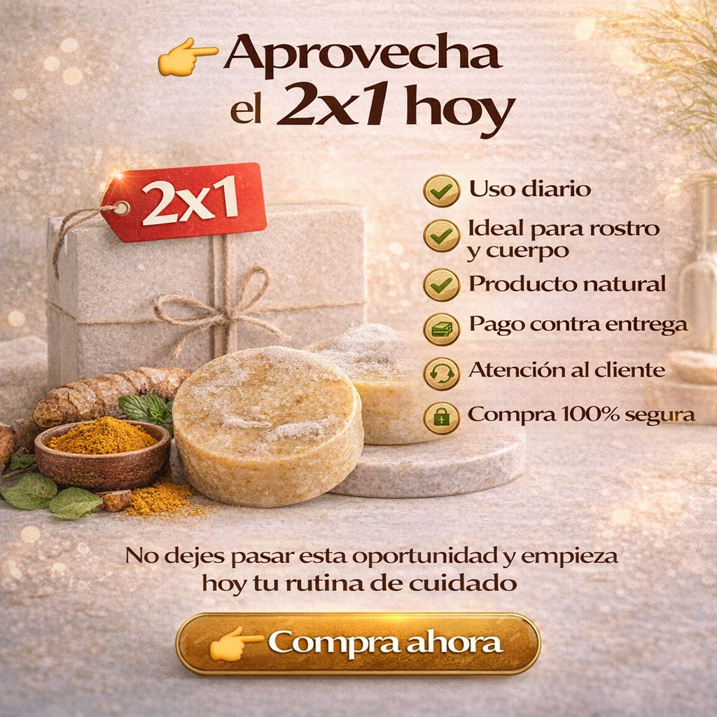 2X1 JABON NATURAL DE CURCUMA PARA PIEL CON MANCHAS, ACNE E INPERFECCIONES.