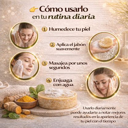2X1 JABON NATURAL DE CURCUMA PARA PIEL CON MANCHAS, ACNE E INPERFECCIONES.