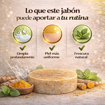 2X1 JABON NATURAL DE CURCUMA PARA PIEL CON MANCHAS, ACNE E INPERFECCIONES.