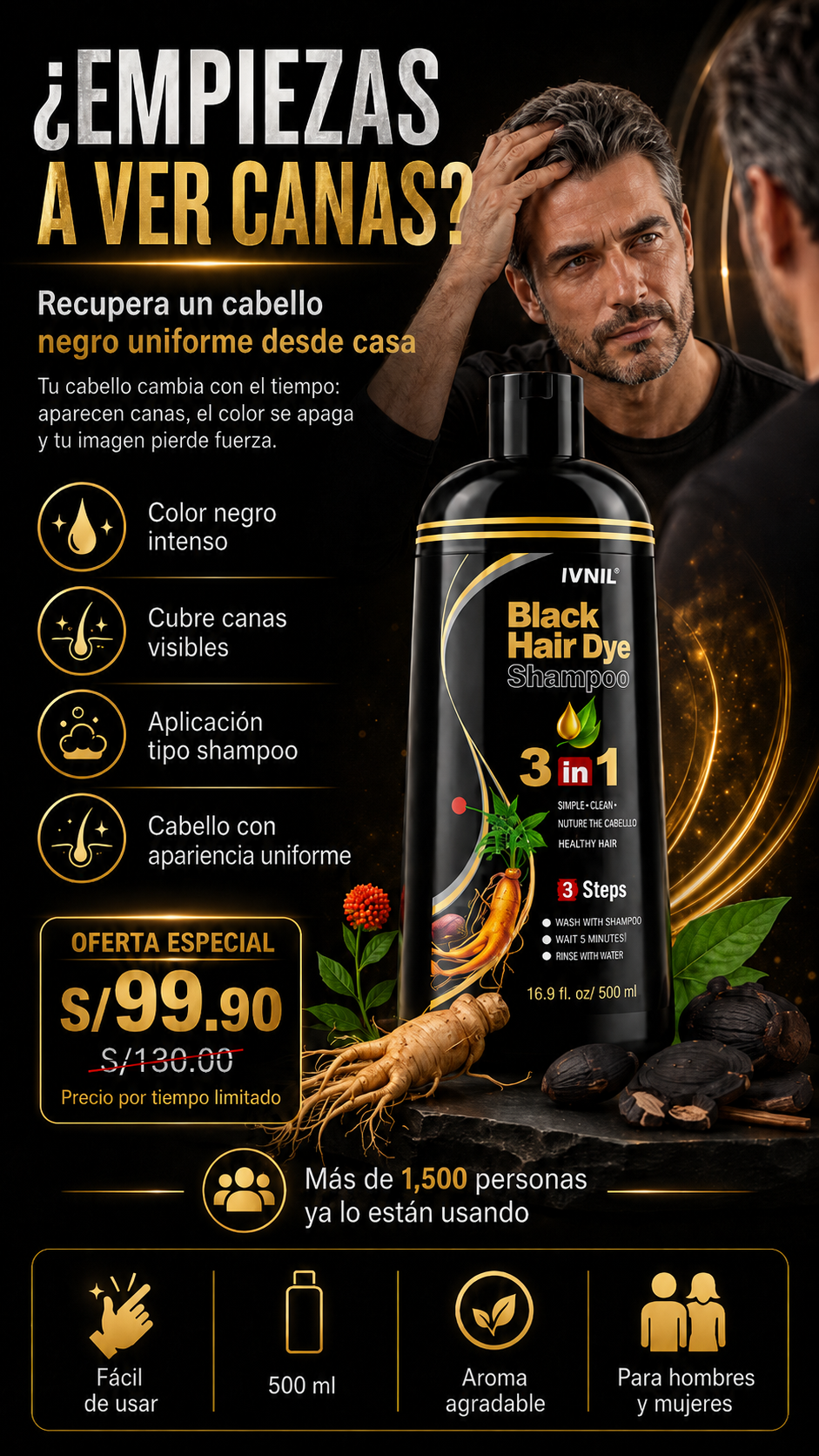IVNIL Tinte Negro Shampoo Cubrecanas 3 EN 1 — 500ml
