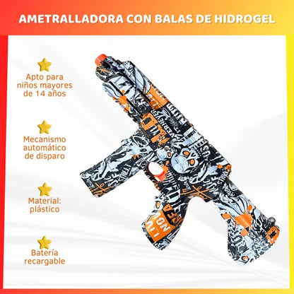 JUGUETE ARMA AMETRALLADORA-RIFLE DISEÑO DE CALAVERA CON BALAS DE HIDROGEL