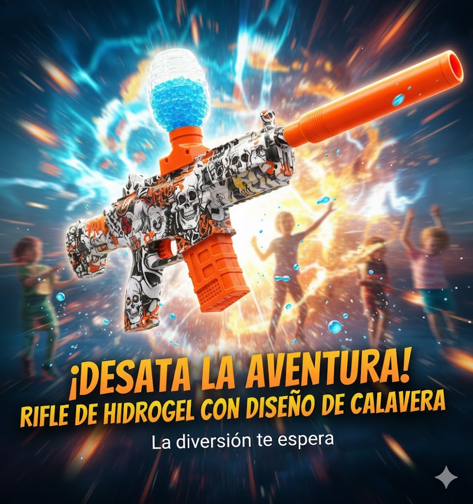 JUGUETE ARMA AMETRALLADORA-RIFLE DISEÑO DE CALAVERA CON BALAS DE HIDROGEL